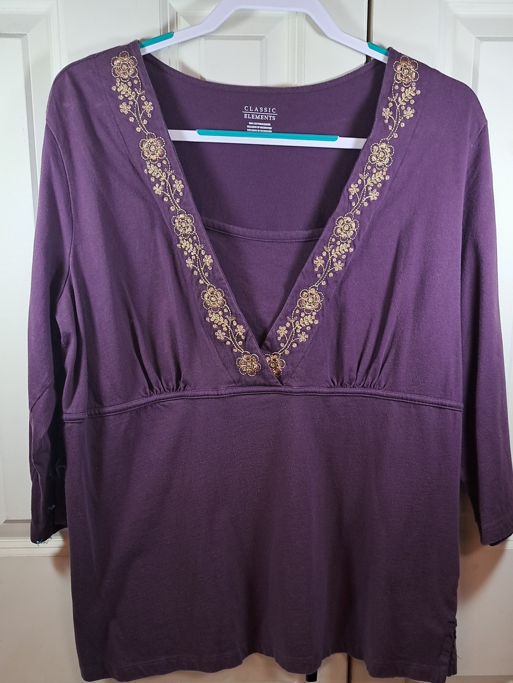 Classic Elements Plum Long Sleeve V-Neck Top with Gold Embroidery